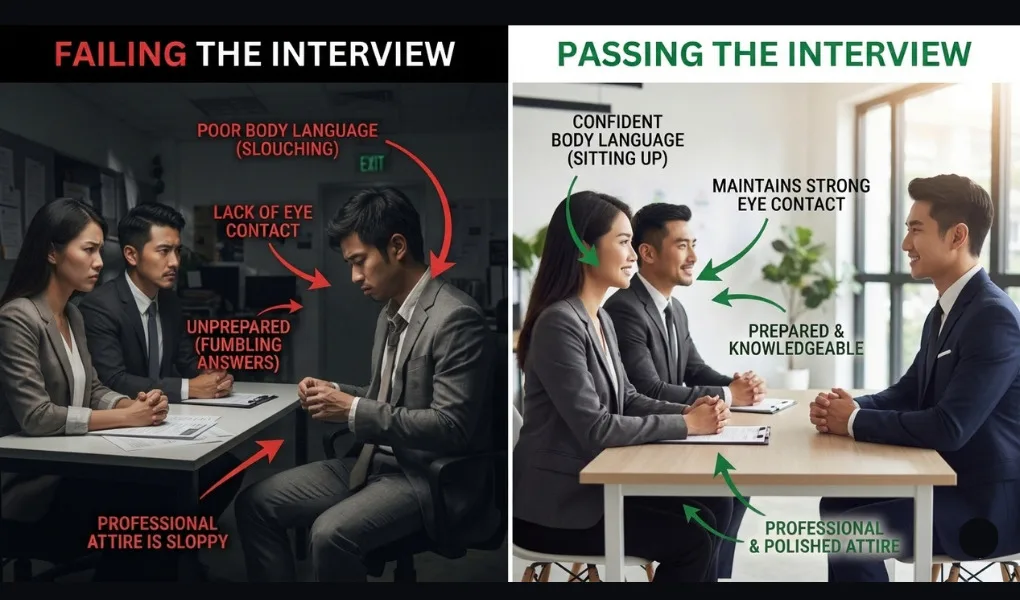Art2Connect interview preparation program comparing failing the interview with poor body language versus passing with confidence