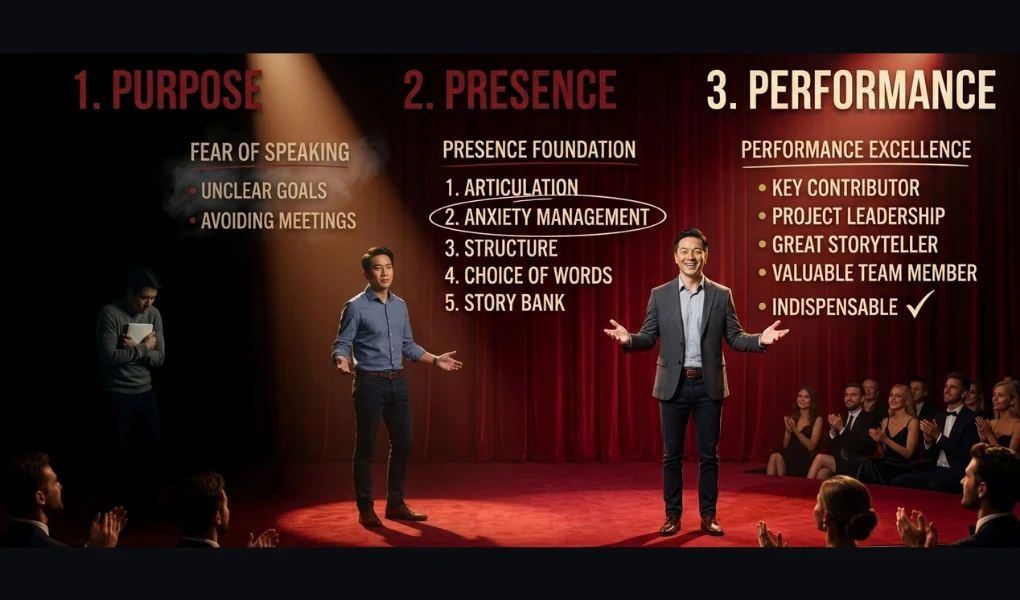 Art2Connect public speaking training program focusing on purpose, presence foundation, and performance excellence.